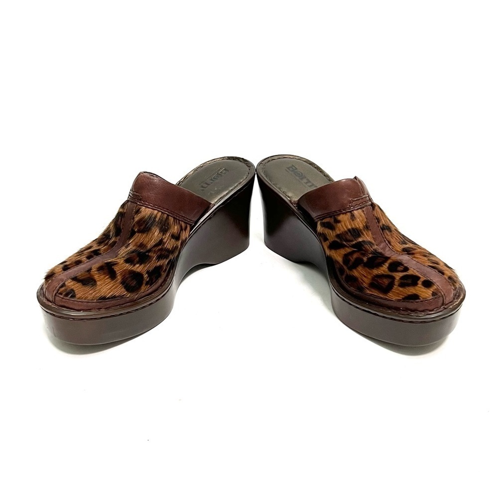 Vintage 1990s brown leather leopard print pony hair platform wedge mule clogs - Picture 5 of 8